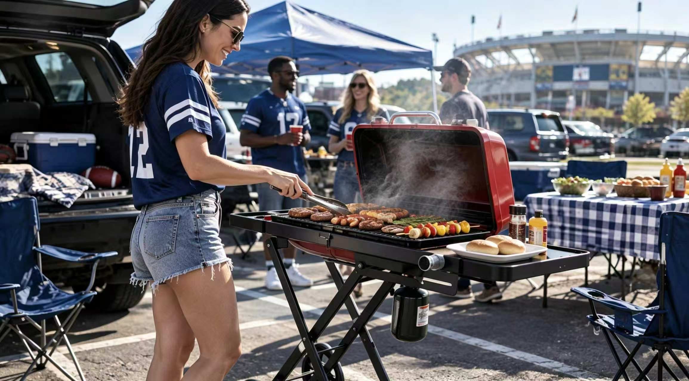 Tailgating party with portable grill